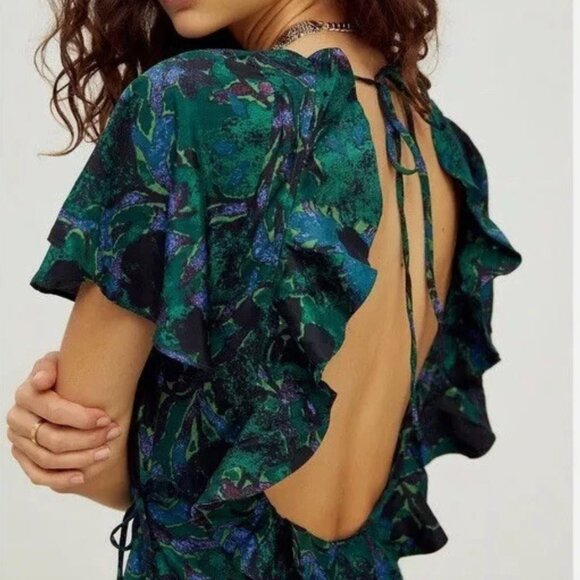 Free People Josephine Maxi Wrap Dress Green Floral Medium 100% Silk size large - Picture 2 of 5